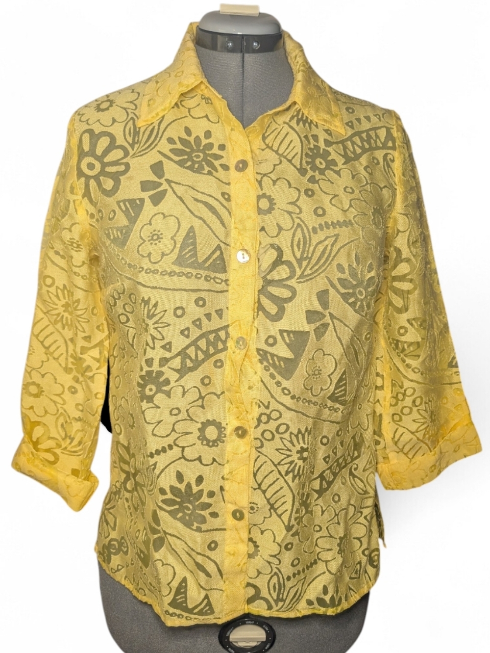 Women's Choices Yellow Floral Sheer Button-Up Shirt, Size Small
